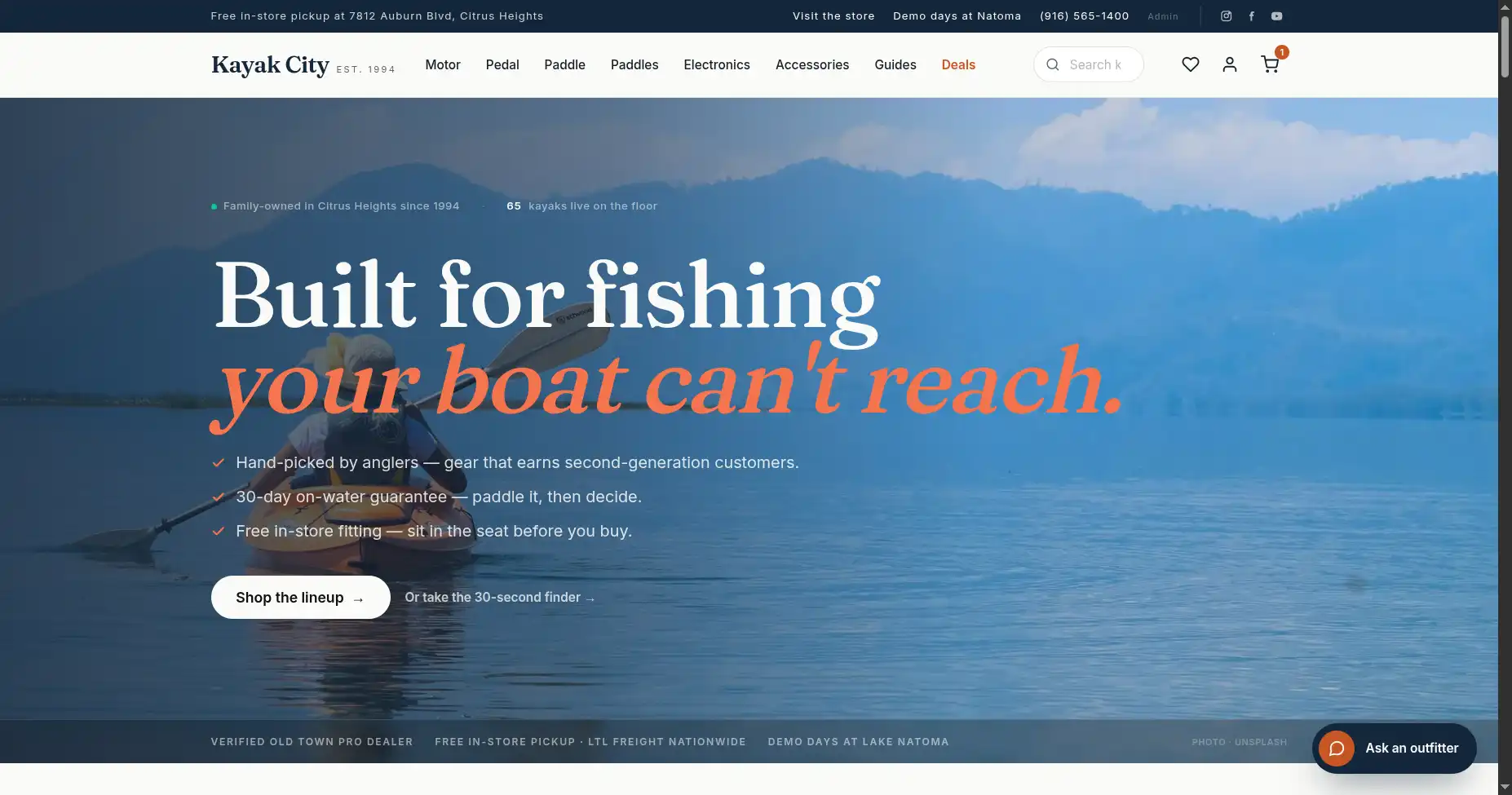 The new kayak.city homepage: one clear message for anglers, trust bullets, guided kayak finder